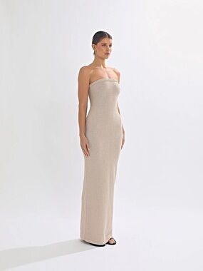 One Mile Juno Strapless Beige Maxi Dress